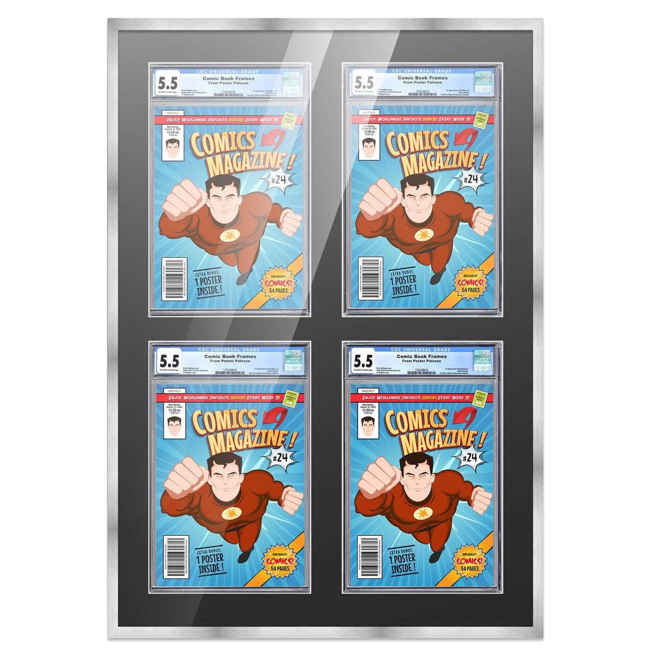 Comic Book Frame with Mat for 4 Graded Comics - Silver Wood Comic Frame With Black Mat for 8.125x13 Comics - 20.75x30.5 Frame Size